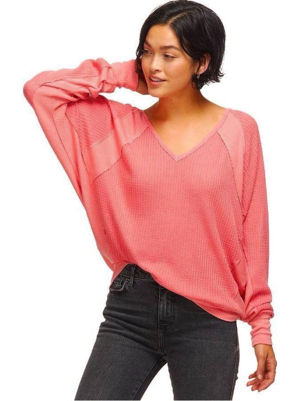 Free People Clara Thermal Waffle Knit Sweater Top Pink Size Small